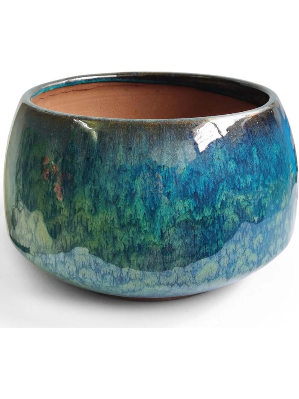 Large 11" Reactive Glaze Peacock Color Ceramic Plant Pot - Vibrant Flower